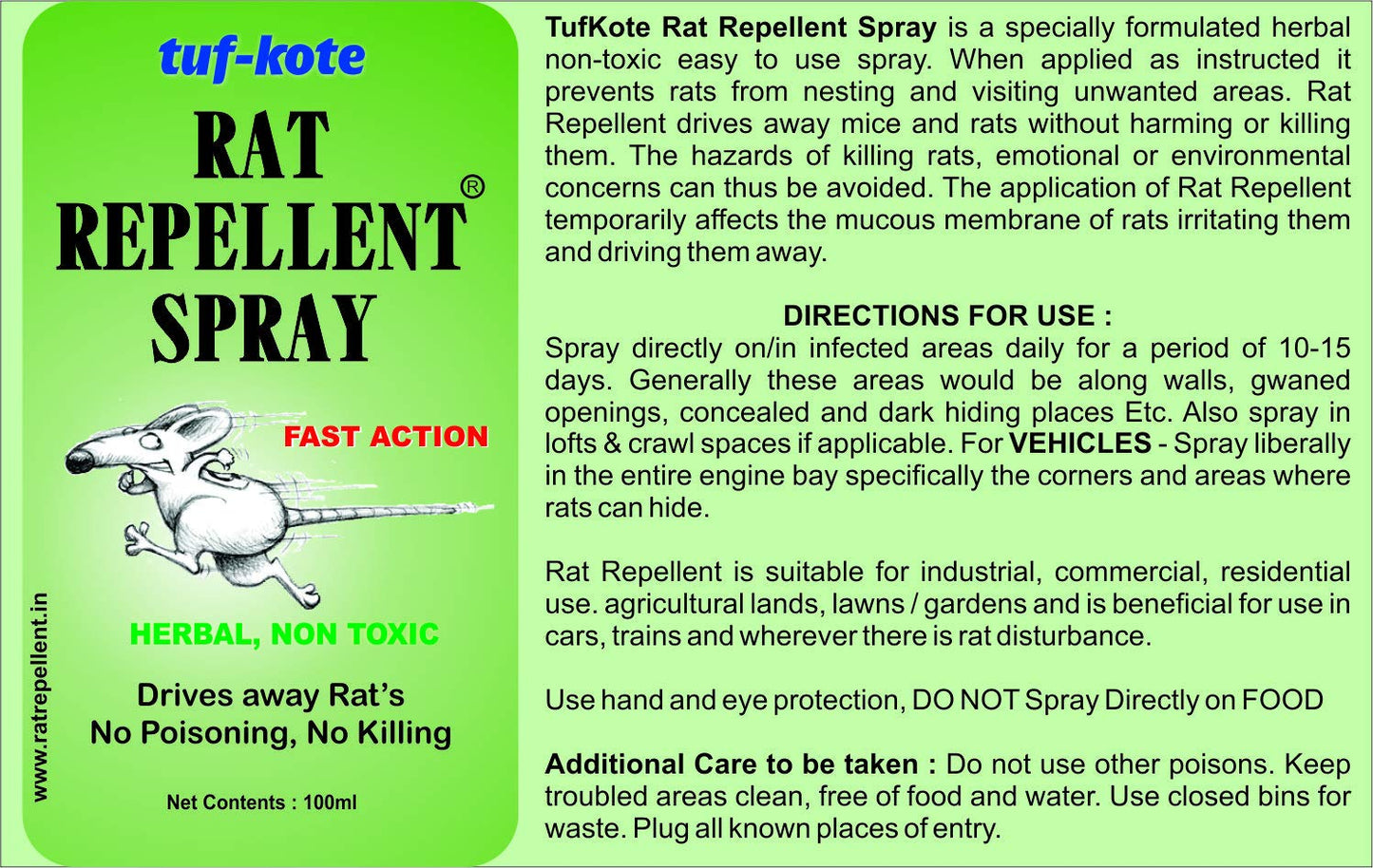 tuf-kote® Herbal Rat Repellent Spray for Car, Home, Godowns, Non-Toxic Non-Poisonous, Fast Action