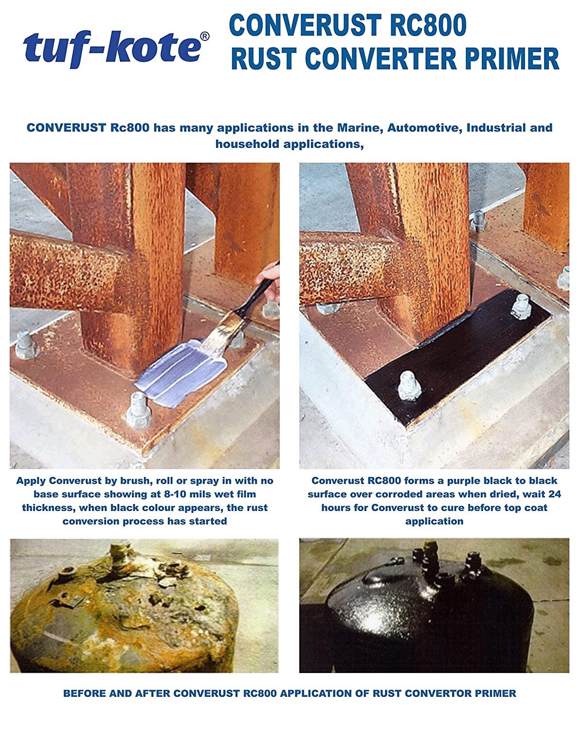 tuf-kote® CONVERUST RC800 Eco-Friendly Rust Converter and Primer All-in-One, Ultimate One-Step Solution to Convert Rusted Metal Surfaces and Prevent Further Rusting