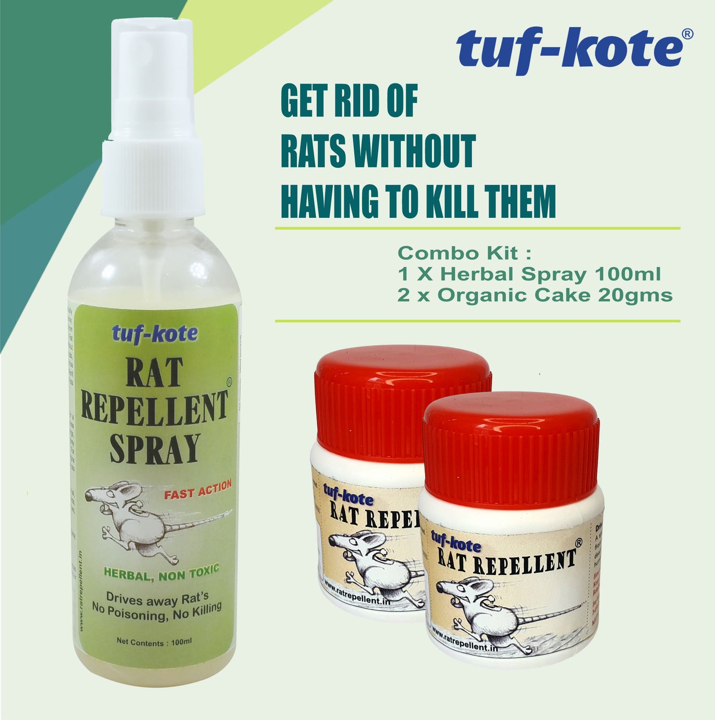 tuf-kote®  Rat Repellent Combo, Non-Poisonous, Drive Away Rats Without Killing Them - Combo Set of 20g x 2 Bottles + 100ml Herbal Spray