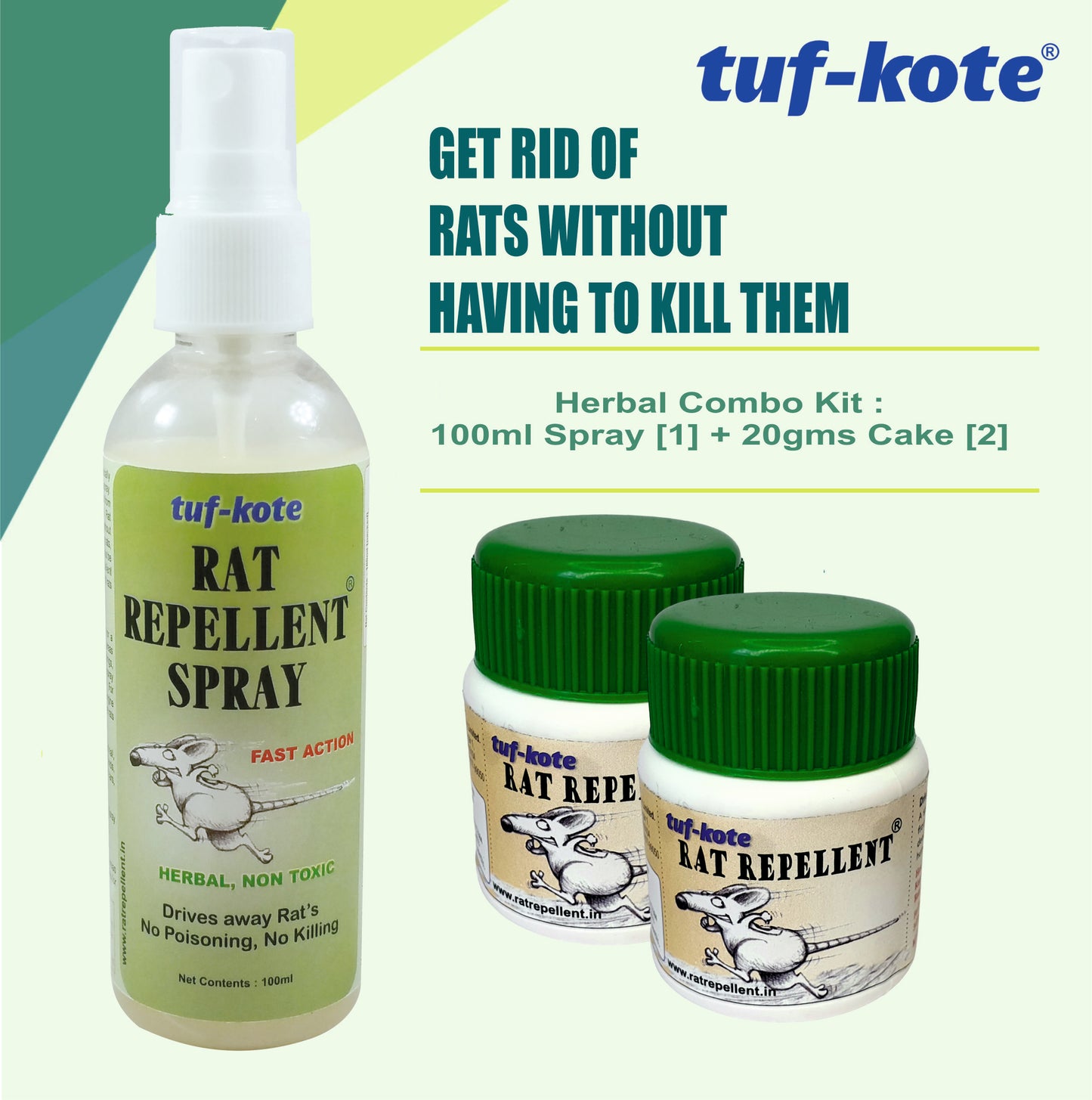 tuf-kote®  Rat Repellent Combo, Non-Poisonous, Drive Away Rats Without Killing Them - Combo Set of 20g x 2 Bottles + 100ml Herbal Spray